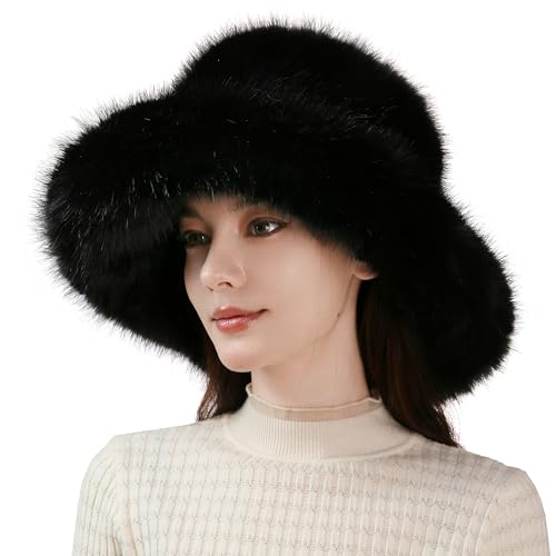 Dikoaina Luxury Faux Fur Bucket Hat for Women Girl – Oversized Brim, Super Soft & Fluffy Winter Hat, Cozy Fur-Like Beanie (US, Alpha, One Size, Black)