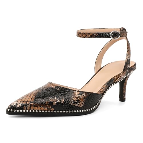 Image of SAMMITOP Kitten Heels for Women Low Heel Closed Toe Ankle Strap Pumps Wedding Party Beaded Dress Shoes 2.4 Inch