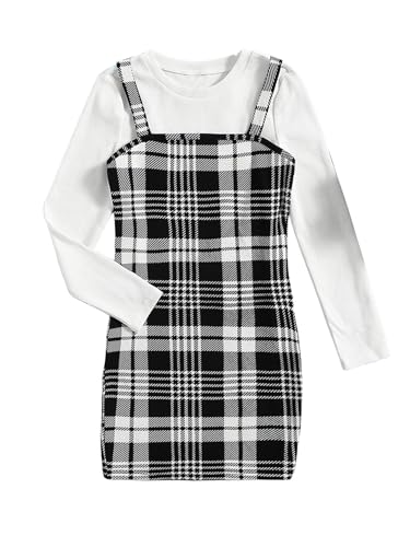 Milumia Girl's Two Piece Outfit Plaid Spaghetti Strap Cami Dress and Top Tee Set