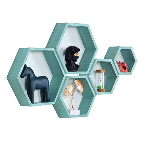 Image of PHOENANCEE Hexagon Floating Shelves,Wall Mounted Wood Farmhouse Storage Honeycomb Wall Shelf Set of 5,for Bathroom, Kitchen, Bedroom, Living Room,Office,Driftwood Finish (Ocean Blue)