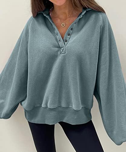 Trendy Queen Womens Sweatshirt Fall Clothes 2022 Lantern Sleeve Drop Shoulder Pullover Hoodies Button Fashion Y2K Outfits