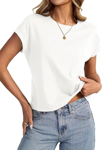 Ryhula Damen Sommer T Shirt Kurzarm Rundhals Basic Oberteil Locker Top für Alltag Freizeit Büro Weiß L 42-44