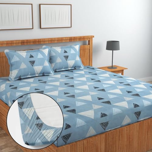 Image of Jashan Super Soft Glace Cotton Fabric 300 TC All Around Elastic Fitted Elegent Design King Size Double Bed Bedsheet with 2 Pillow Covers Fits Upto Mattress of 10 Inche,Size-72 x 78 x 10 Inche-SkyBlue