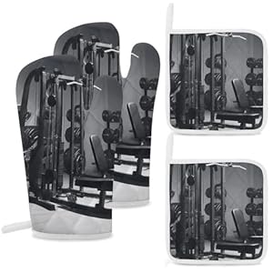 Oven Mitts and Pot Holders Sets of 4, Gym Equipment Printed Heat-Resistant Non-Slip Oven Mitts and Potholders for Kitchen Baking Cooking