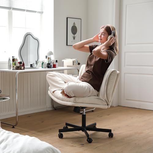 LEAGOO Criss Cross Chair with Wheels, Furry Armless Desk Chair, Comfy Wide Seat Cross Legged Office Chair, Stylish Height Adjustable Cute Swivel Vanity Chair for Home Office, Make Up, Cream White - Image 2