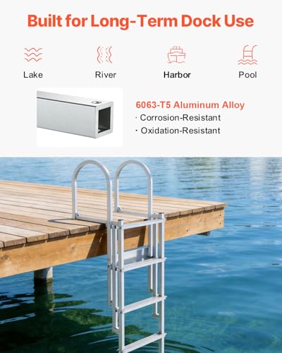 Image of VEVOR Retractable Dock Ladder, 5 Steps, Aluminum Alloy Pontoon Boat Swim Ladder with Auto-Lift Float, Non-Slip Wide Steps, Adjustable Height, 500 lbs Weight Capacity, for Lake Swimming, Pool, Boat