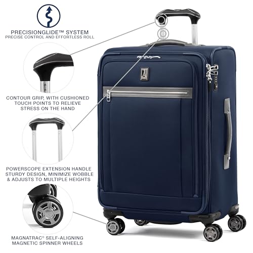 Image of Travelpro Platinum Elite Softside Expandable Checked Luggage, 8 Wheel Spinner Suitcase, TSA Lock, Men and Women, Dark Blue, Checked Medium 25-Inch