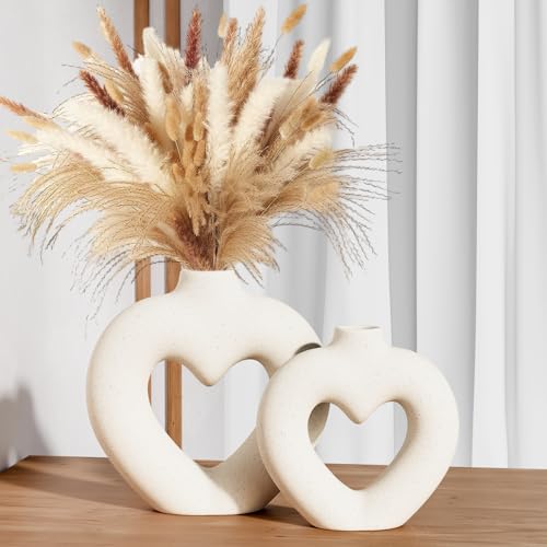 Zormon Set de 2 Vases Cœur en Céramique Blanche, Vases de Style Scandinave Minimaliste, Décorations de Table pour Mariage Salon Bureau, Idée Cadeau...