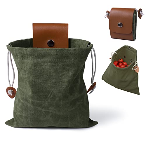 Green Foraging Bag Outdoor Picking Fruit Bags Waxed Canvas Foraging Pouch Foldable Leather Belt Pouch With Drawstring Multi-Purpose Picking Bag for Camping Shells Treasures Travel Hiking Tools