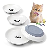 Katzennapf Flach Keramik Futterschale – 4er Set Futternapf Katze, Whiskerfreundlicher Katzenfutternapf für Nass- & Trockenfutter, rutschfeste Katzenschüssel, Katzenfressnapf mit 4 Katzenspielzeugen