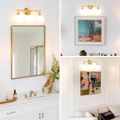 Image of Daunton Modern Brushed Gold Bathroom Vanity Light - Energy Efficient G9 Base Bathroom Lighting Fixtures Over Mirror, Milk Glass Shade Anti-Glare 19 Inch Soft Illumination for Makeup & Shaving