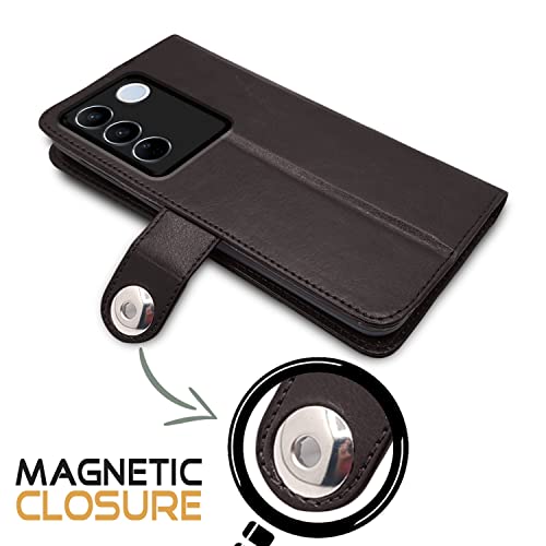 Image of Pikkme Vivo V27 5G Flip Cover Leather Finish | Inside TPU with Card Pockets | Wallet Stand and Shock Proof | Complete Protection Button Flip Case (Coffee)