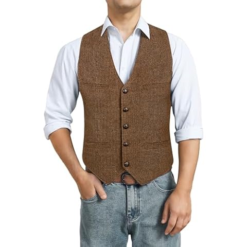 HISDERN Vintage Herringbone Tweed Waistcoat for Men Cover