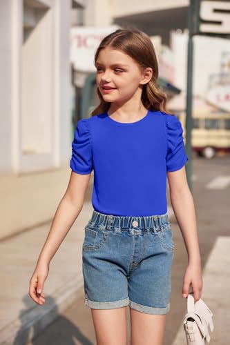 Image of Arshiner Girls Puff Short Sleeve Shirts Summer Ribbed Knit Crewneck T Shirt Tops Tee Blouse