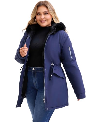 Agnes Orinda Plus Size Parka Jacket for Women Faux Fur Hood Drawstring Waist Fleece Lined Zipper Winter Coat with Pockets2