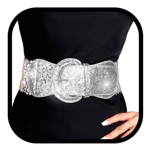 Bounzhi Women Elastic Belt Glitter Stretch Dresses Belts Vintage Waist Belt for Ladies