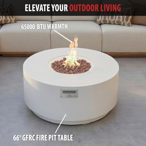 Image of AMS Round Concrete GFRC Propane Gas Fire Pit Table (Cream White)