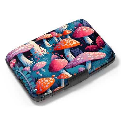 Image of Card Holder Credit Cards Holder for Women RFID wallet women Business Card Holder Wallet Mini Aluminum Card Wallet RFID Blocking Slim Metal Hard Card for Women, Pretty Mushroom