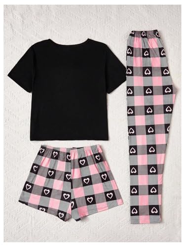 WDIRARA Women's 3 Piece Plaid Heart Print Pajama Set Short Sleeve Tee Lounge Shorts and Pants Sleepwear2