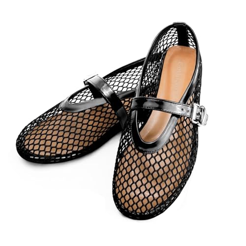 Mesh Ballet Flats for Women Round Toe Fishnet Ballerina Flats Buckle Strap Casual Comfortable Office Mary Jane Flat Shoes3