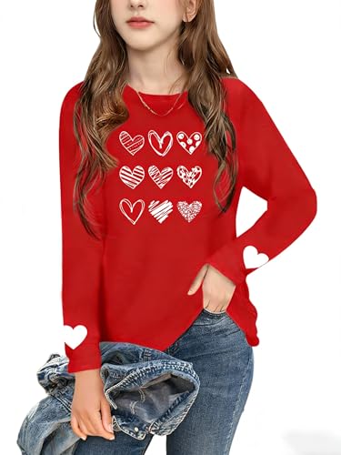 Image of Girls Valentines Day Shirt:Cute Heart Graphic Long Sleeve Tee Tops 6-14y