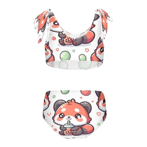 Image of Girls' Bikini Set, Cute Red Panda with Bubble Tea Cartoon Kids Swimsuit 2 Pcs Beach Bathing Suit