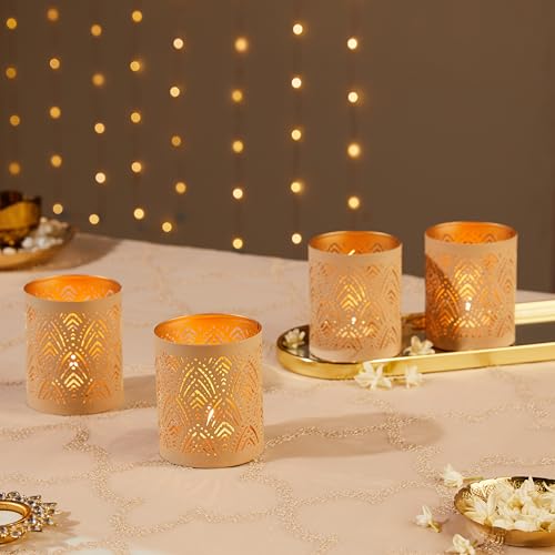 Image of Amazon Brand - Solimo Tea Light Votive - Round Shape, Peach Finish with Gold Interior, Set of 4 (Size: L-7.5 cm x W-7.5 cm x H-10 cm)