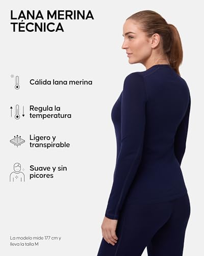 DANISH ENDURANCE Camiseta de Manga Larga de Lana Merino para Mujer, Ropa Interior Térmica Premium, Azul Marino Oscuro, L