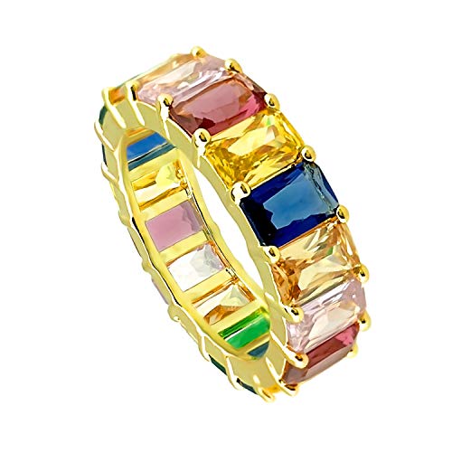 ORENTINI Gold Plated Statement Eternity Ring with Multi-Color Rainbow Emerald Cut Cubic Zirconia