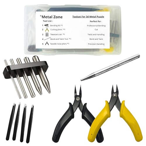 Metal Zone Herramientas para Maquetas para Construir Adultos Metal | Kit de 12 Herramientas + Caja | Accesorios para Puzzle 3D Metal. Compatible con Todos Los Puzzles 3D Metálicos