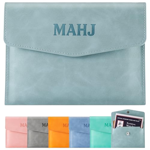 PU Leather Mahjong Card Holder, Magnetic Snap Closure, Fits Standard Mahjong Tile Cards & Accessories, Portable Travel Card Organizer for Game Night, Great Mahjong Gift for Women and Men (Gray Blue) - image 1