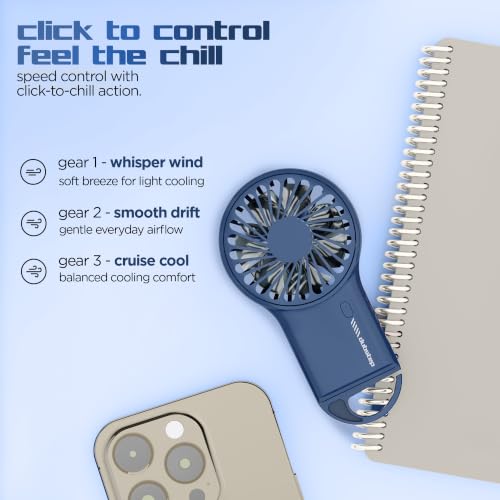 Image of Dubstep Flo-F1 Mini Handheld USB Rechargeable Cooling Fan with 3x Speed Mode, Foldable Hook & Stand, 8000 RPM, 3 Speed, Powerful Mini Fan for Travel, Office, Kitchen, Lightweight & Quiet (Blue)