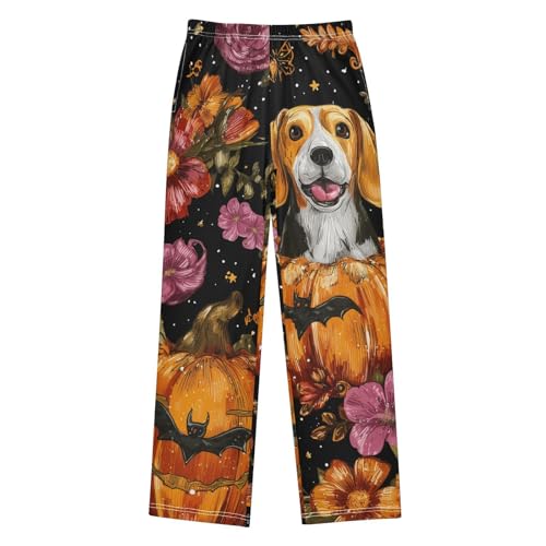 Beagle Pumpkin Bat Flowers Boys Long Pants Soft Trousers Elastic Waist Kids Lounge Bottoms with Pockets S-XL