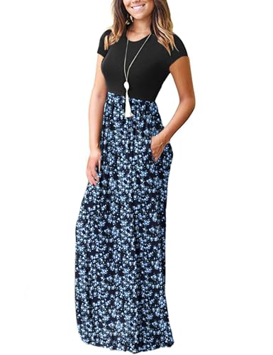 Image of MISFAY Women's Short Sleeve Maxi Dresses Long Casual Dresses with Pockets | Empire Elastic Waist, Crew Neck, Floor Length, Strentchy Flowy A Line Fit, Loose Plain Summer Outfits, Vacation Wear