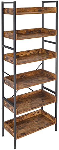 Bookshelf Bookcase 6-Tier Storage Rack With Open Shelves, Vintage Standing Bookshelves Metal Frame Industrial Display Rack For Living Room Bedroom, Rustic Brown And Matte Black #TOP29