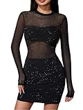 MakeMeChic Women's Sequin Mini Dress Glitter Mesh Sparkly Long Sleeve Sheer Bodycon Clubwear Party Short Dress Black Medium