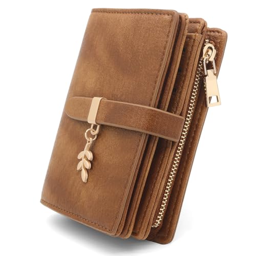 GOUNNU Carteras de Mujer Cuero PU Monedero Pequena Mujer Carteras RFlD seguras pari Muieres Corto Bileteras con Cremallera de Bolsillo Carteras Monedero Mujer con 17 Ranuras para Tarjetas (Marrón)