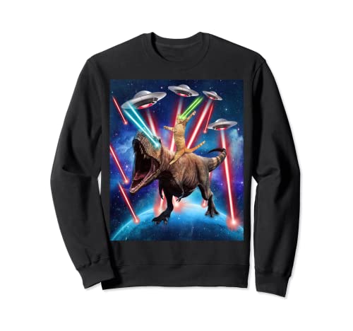 Space Cat Riding Dinosaur T rex Laser Eyes UFO Funny Cat Sudadera