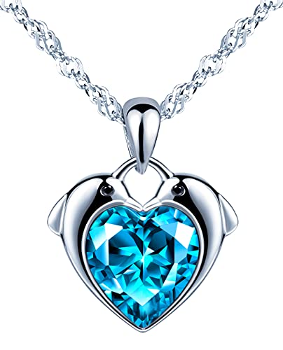 INFINIONLY Collare de corazón para mujer y niña, Collar de plata 925, Collar Colgante de delfín-corazón lindo con circón brillante, Con cadena de 45cm, joyería elegante, océano azul
