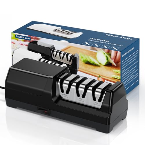 HIUYRFS Aiguiseur de Couteaux électrique Professionnel à 3 Niveaux, Disques Diamantés, Protection Contre la Surchauffe, Moteur Silencieux, Affûtage Rapide...