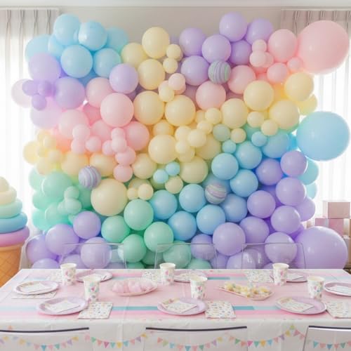 Image of RUBFAC 135pcs Pastel Balloon Arch Kit, Macaron Rainbow Latex Balloon, Different Sizes 18 12 10 5 Inch for Garland Baby Shower Birthday Party Gender Reveal Garland Decoration