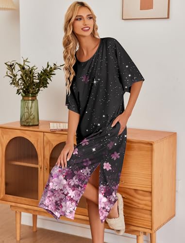 Image of Ekouaer Women's Nightgown Short Sleeve Sleepshirt Long Loungewear Casual Maxi Lounge Dress House Dresses with Pockets