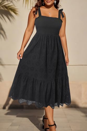 Image of Pinup Fashion Plus Size Summer Sun Smocked Eyelet Tie Straps Midi Dress | Adjustable tie straps, square neck, high waist, flowy tiered A-line, perfect for casual beach, holiday vacation, photoshoot