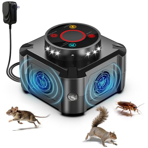 Mice Repellent Indoor Squirrel Repellent for Attic Ultrasonic Pest Repeller Plug in Electronic Rodent Repellent Devices Rat Deterrent Mouse Blocker Home Indoor Use 4 Ultrasonic Modes+12 LED Lights (1)