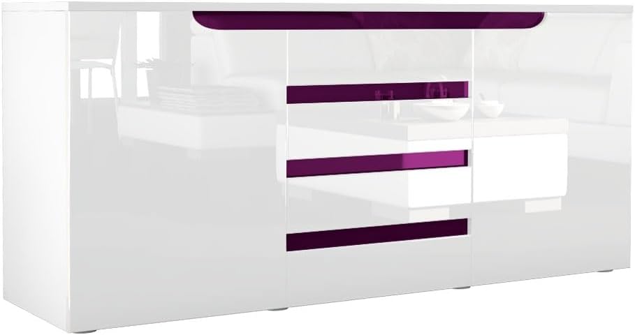 Buffet Dressoir Grömitz V1, Corps En Blanc Mat Façades En Gris Sable Haute Brillance (139 X 72 X