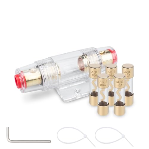 Innfeeltech 5 piezas de vidrio chapado en oro 80A fusible AGU para la seguridad de audio y alimentación de automóviles con 1 pieza de oro en línea fusible AGU titular