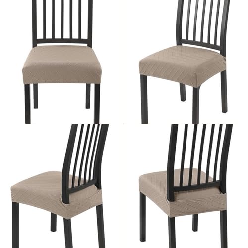 Image of SearchI Stretch Dining Chair Seat Covers Set of 8, Soft Removable Washable Seat Covers for Dining Chairs, Dining Room Seat Cover Protector (Rear-Covered, Check Jacquard Khaki)