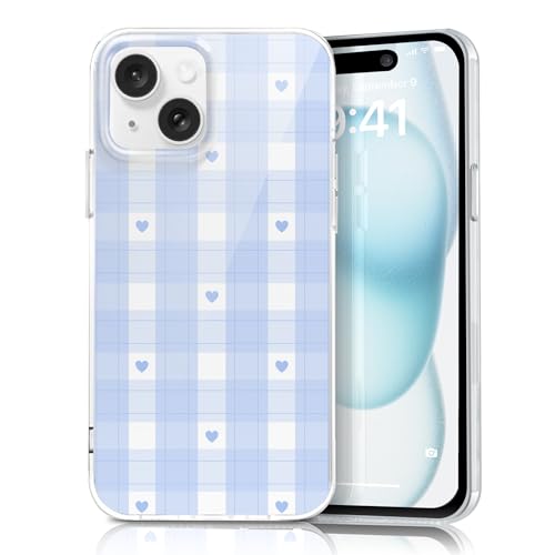 Coque iPhone 15 bleue à motifs cœurs écossais rigide et mince pour femme