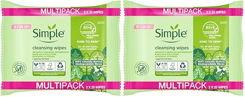 Simple, Kind to Skin, Biodegradable Cleansing Wipes with Vitamin B5, Vitamin E and Pro Amino Acids 100 Pack