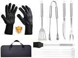 Barbacoa Profesional 9 Piezas Acero Inoxidable 18/10+Guantes Antiheat 1472°F-Kit Utensilios Parrilla con Bolsa Oxford, Incluye Cuchillo y Pinchos-Ideal Horno,Camping,Chimenea(Regalo Hombre/Día Padre)